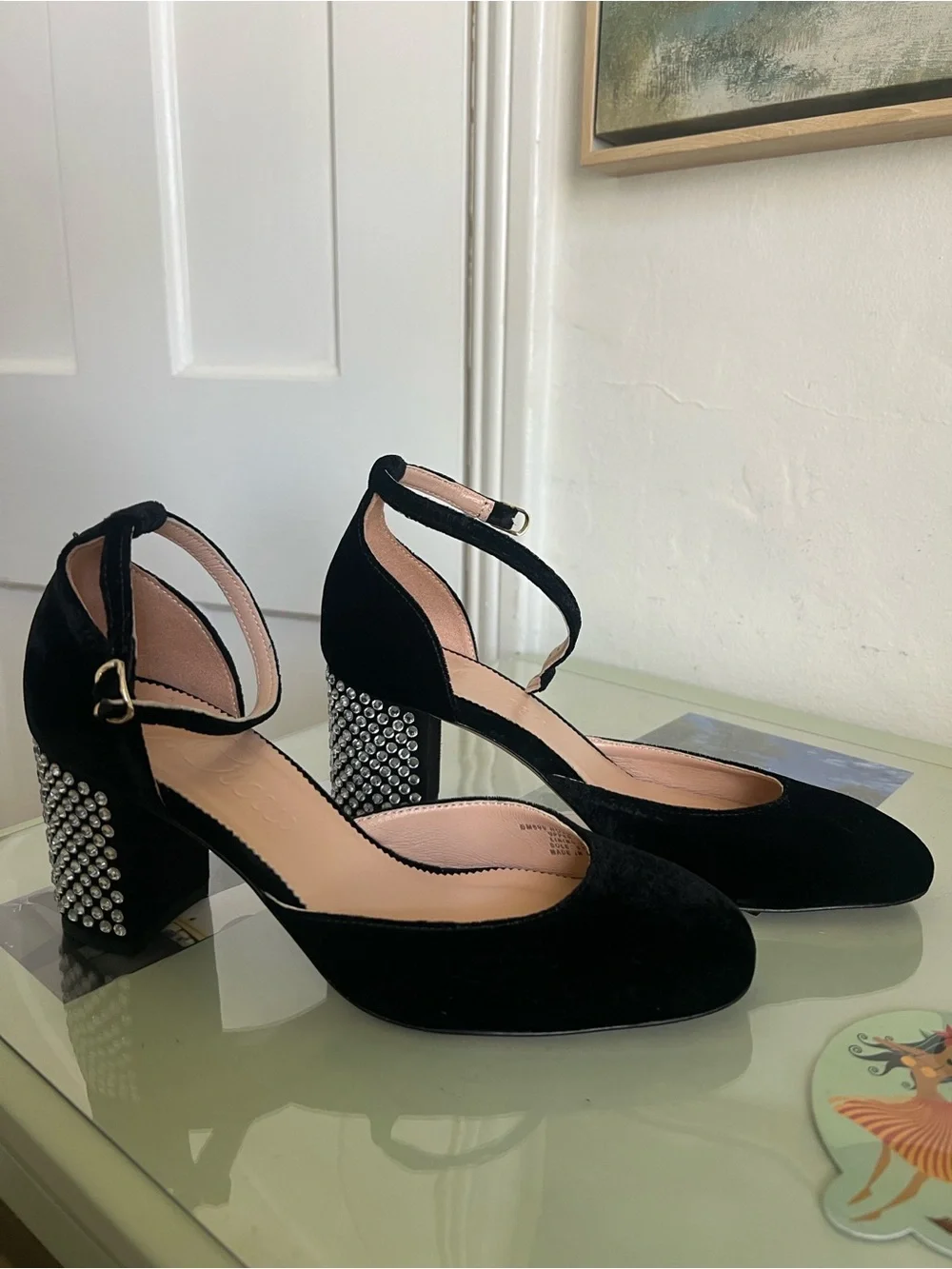 J. Crew Black Velvet Studded Block Heel Pumps with Ankle Strap